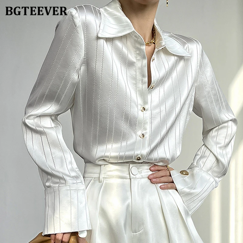 BGTEEVER Stylish Loose Women Striped Shirts 2022 Spring Long Sleeve Single-breasted Female Satin Blouses Ladies Tops