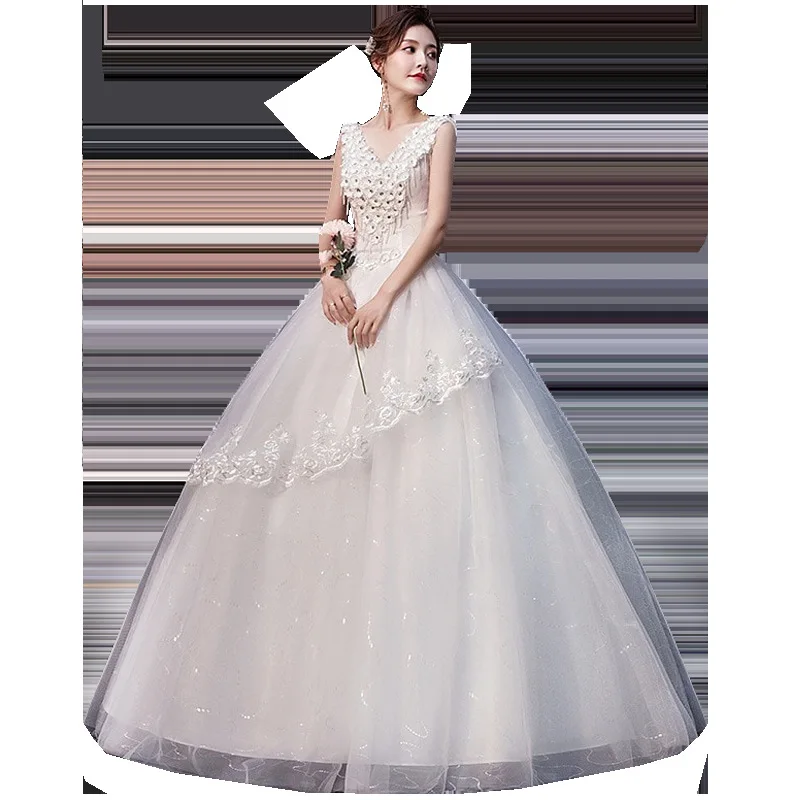 Wedding Dresses Lace Up Bridal Plus Size Wedding Dresses Ball Gowns Sweet Flower V-neck Bride Princess Strap Dresses