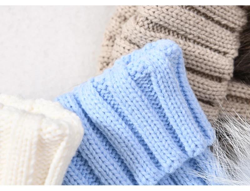 JX Watcher Winter Doppel Echtpelz Pom Pom Hut für Kinder Baby Strick mützen mit zwei Pelz Pompons Jungen Mädchen hochwertige Mütze Mütze – Detail 26