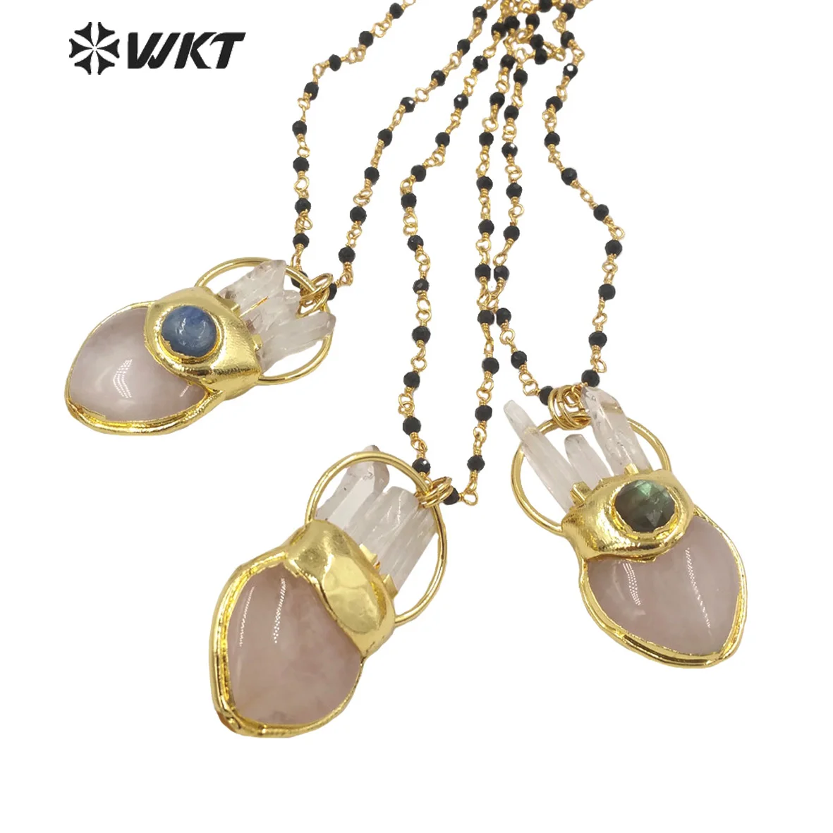 WT-N1348 Fashion Chic Lady Natural Gemstones Heart Shape Rose Crystal with Crystal Pendant Necklace Pink Quartz Necklace Jewelry