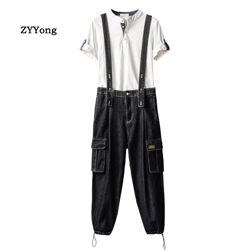 Men Denim Bib Overalls Beam Feet Casual Pants Loose Fashion Big Pocket Hip Hop Streetwear Jumpsuit Black Jeans Freight Trousers