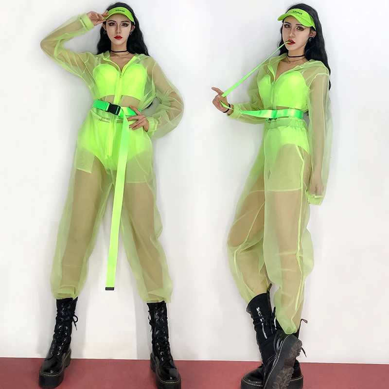 Hip Hop Dance Costumes Lady Fluorescent Green Sexy See-Through Jumpsuit Bikini Modern Jazz Dancer Outfit Street Dancewear DT2967