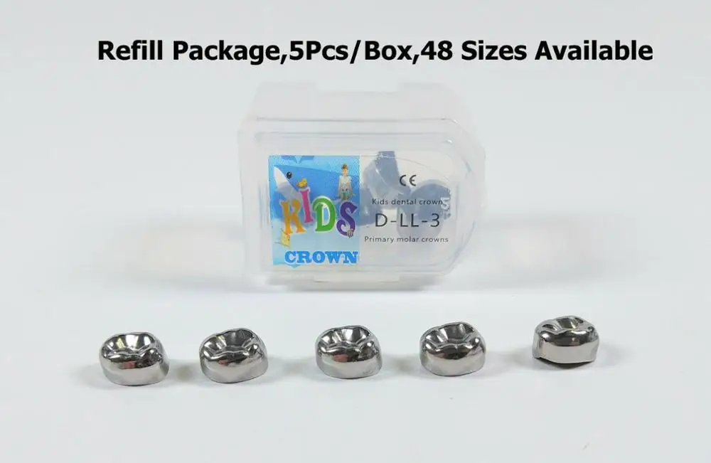 1Box Dental Kids Primary Molar Crown Refill Stainless Steel Pediatric 24 Size Lower Right/Lower Left D2-D7/E2-E7 5Pcs Dentist