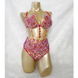 Samba Carnival Wire Bra & High Waist Bottom 2pcs/Set Stones Free Shipping CB010-2 RED ROYAL BLUE