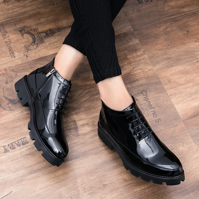 Hidden Heels 6cm Patent Leather Boots Men Autumn New Fashion High Quality Black Cowboy Boots Mens Dress Boots Botas De Trabajo54