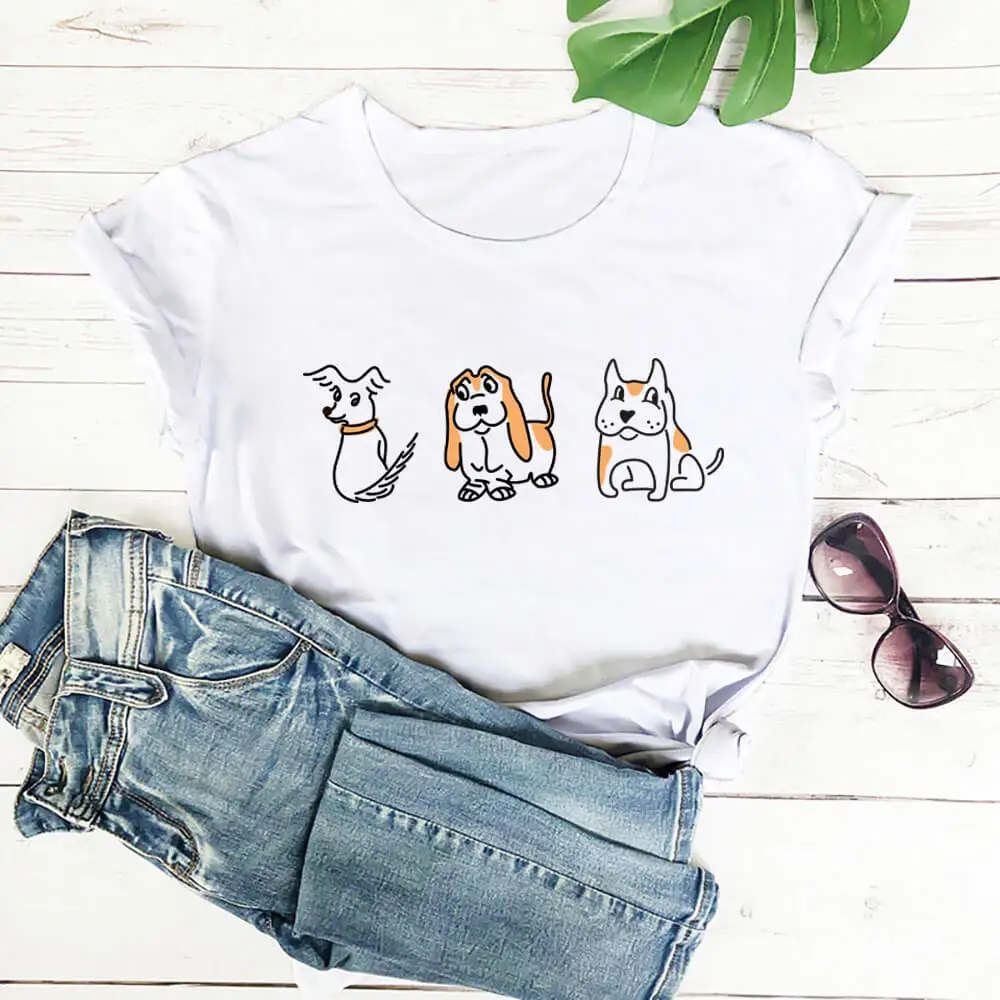 Cartoon Honden Grafische Print 100% Katoen Vrouwen Tshirt Unisex Hond Minnaar Grappige Zomer Toevallige O-hals Korte Mouw Tops Pet Lover gift