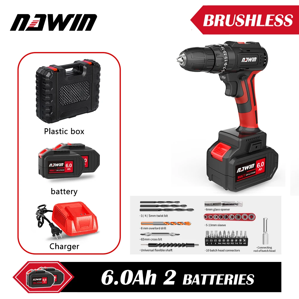 NAWIN Brushless  Drill 80NM Impact Electric Screwdriver 3 Function 20V Steel / Wood / Masonry Tool Bare Tool