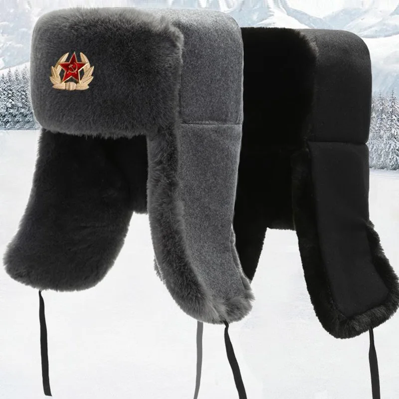 CAMOLAND High Quality Warm Faux Fur Bomber Hats Women Men Soviet Badge Russia Ushanka Pilot Hat Windproof Earflap Cap Skiing Cap