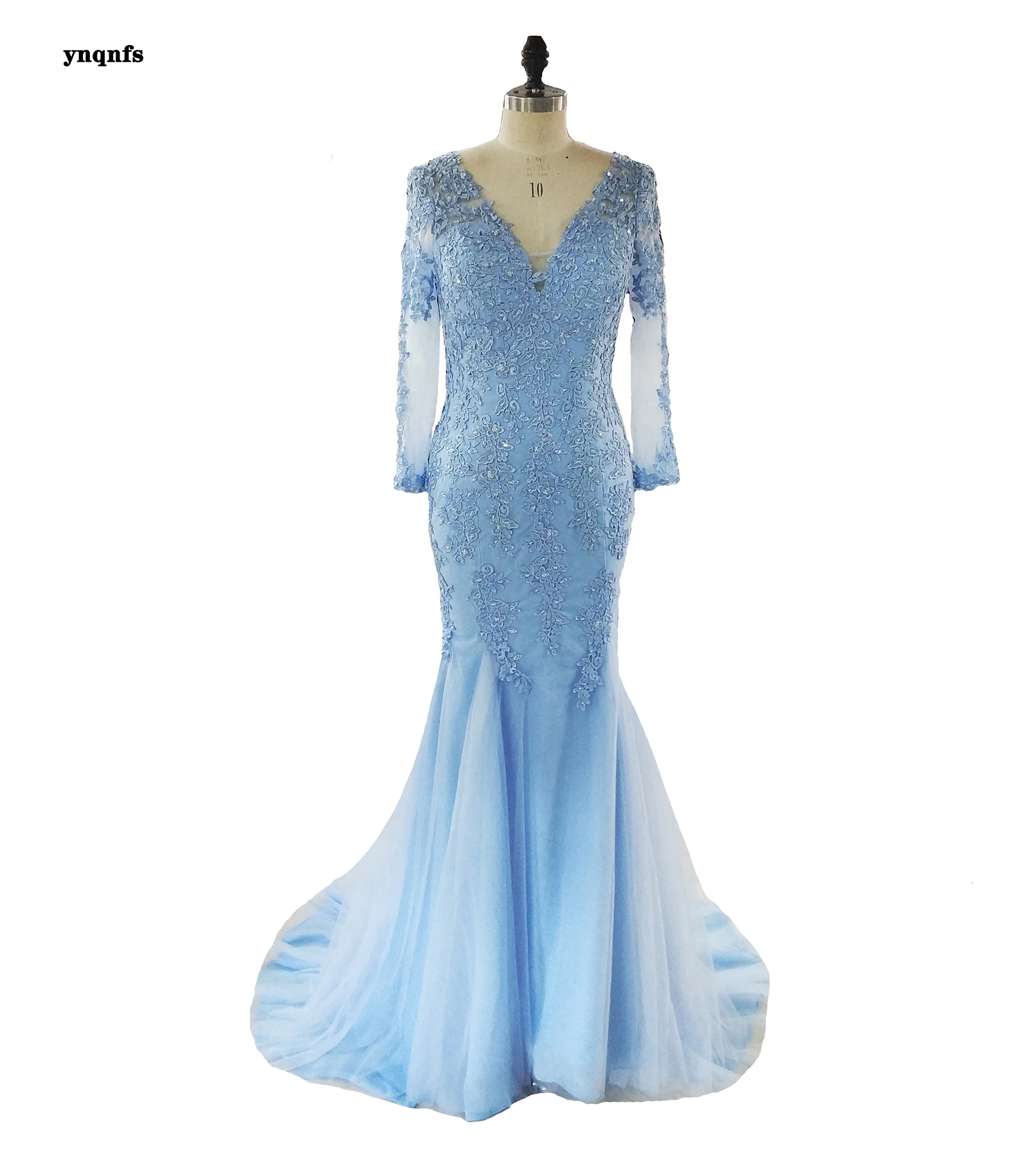 Ynqnfs M191 Sky Blue Lace Bride Gown Mother Plus Size Long Sleeve Groom Mother Dress Floor Length Pleated Chiffon Ball Gown