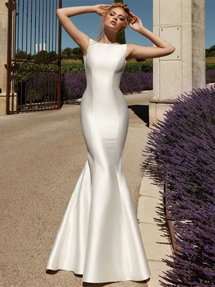 Customized Mermaid Wedding Dresses Scoop Neck Backless Stain Sweep Train Sleeveless Simple Style Summer свадебное платье 2025