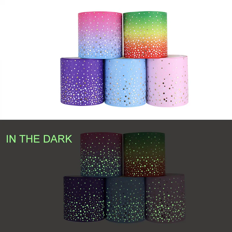 3\'\' 75mm Popular Fashion Gradient Rainbow Fluorescent Ink Polka Dots Printed Ribbon For Noctilucent Hair Bow 10Yards
