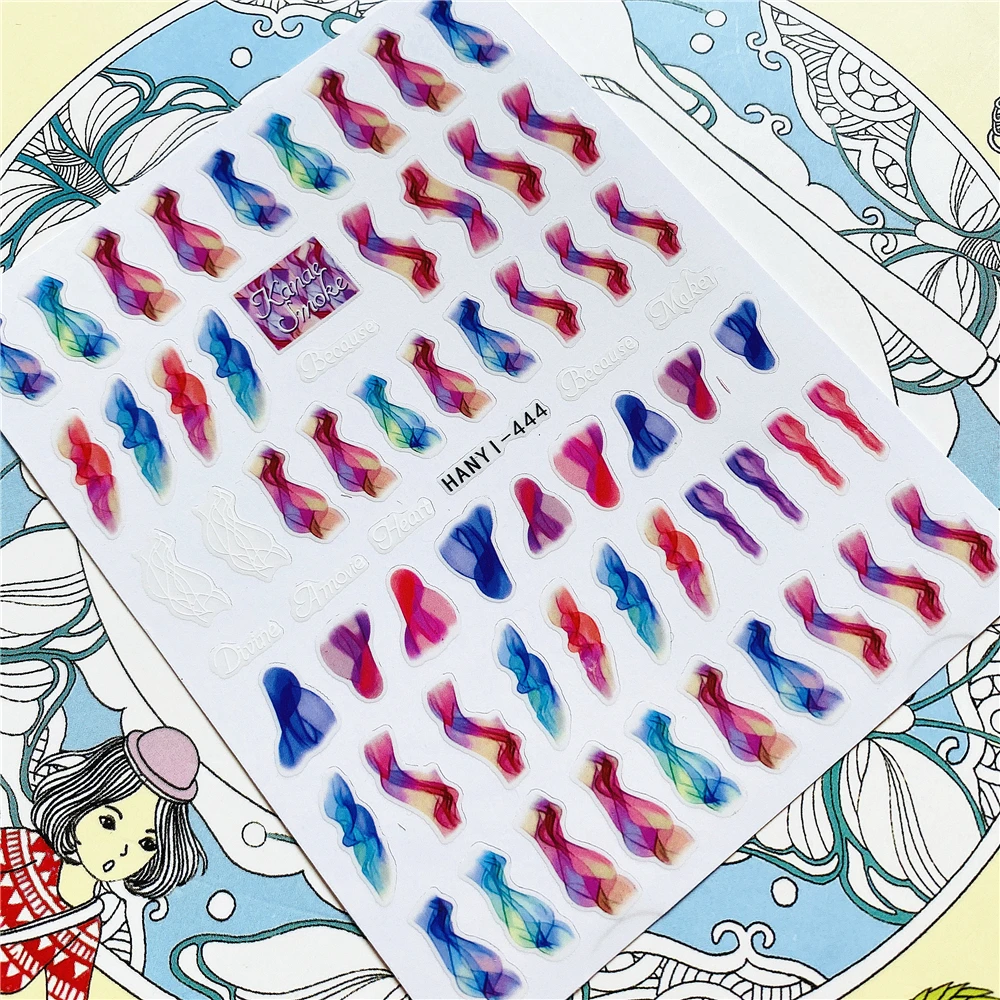 HANYI-444 Colorful rising smoke Colorful marble pattern 3D Back glue Nail Art Stickers Decals Sliders Nail ornament decoration