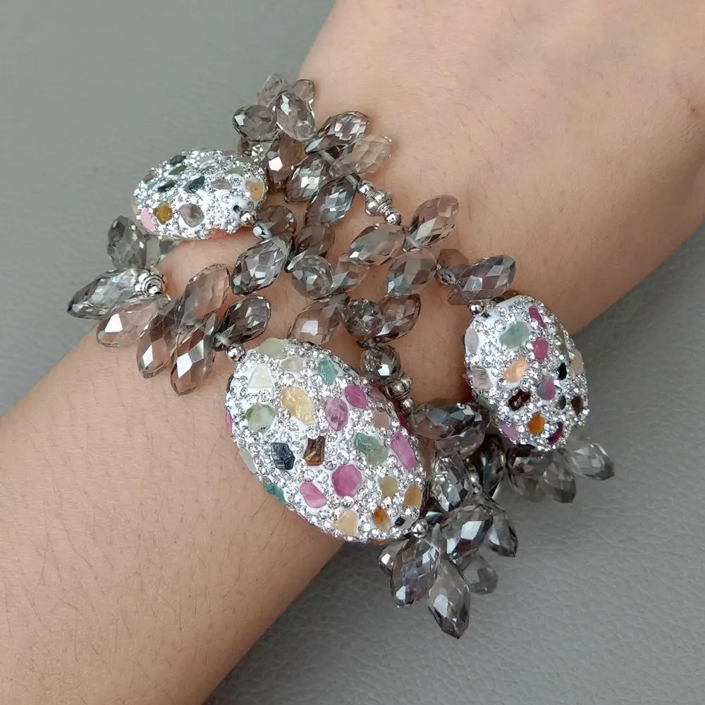YYGEM 8'' 3 Strands Gray top-drilled Crystal faceted teardrop strand Bracelet cz Pave Tourmaline chip Beads connector for women