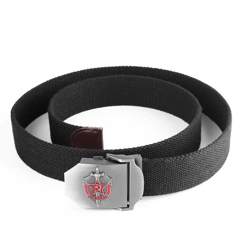 SupSindy Man Canvas Belt 3D Soviet Glory KGB Metal Buckle Jeans Belts for Men CCCP Army Military Tactical Belts Male Strap Black