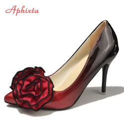 Aphixta 3.93inch Heels Pointed Toe Pumps Women Flower Thin High Heel Shoes Gradient Discolor Patent Leather Wedding Shoes Woman