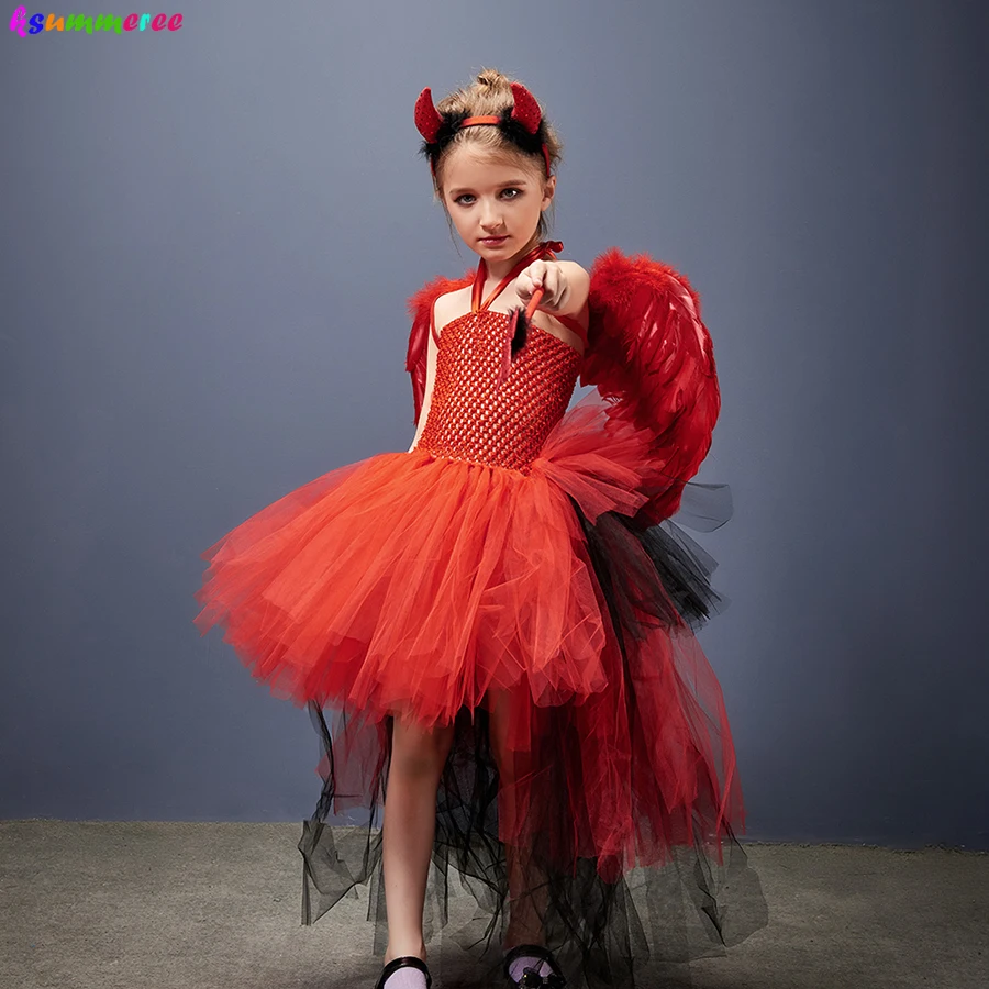 Girls Devil Witch Tutu Fancy Dress with Horns Wing Wand Red Black Bustle Halloween Costume Kids Cosplay Carnival Party Dresses