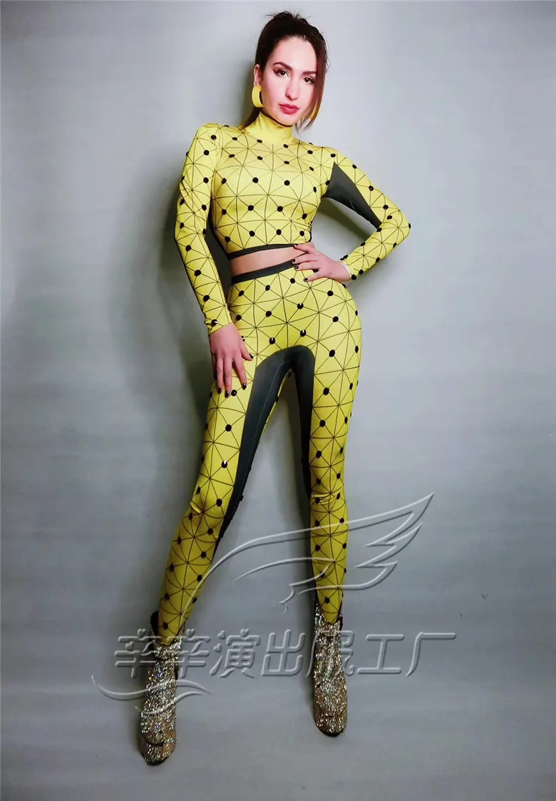 

Women New Yellow Plaid Crystals Skinny Set Sexy Nightclub DJ Singer Costume Party Dancer Stage Wear Bar Outfits (Top+Pants)