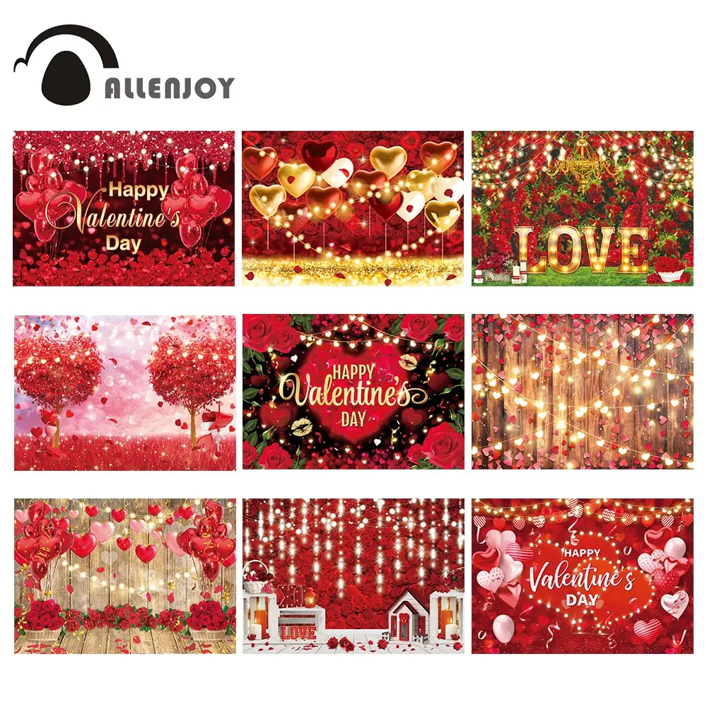 Allenjoy Happy Valentine's Day Backdrop Red Rose Love Balloon Tassel Crystal Lamp Event Supplies Props Custom Decor Background