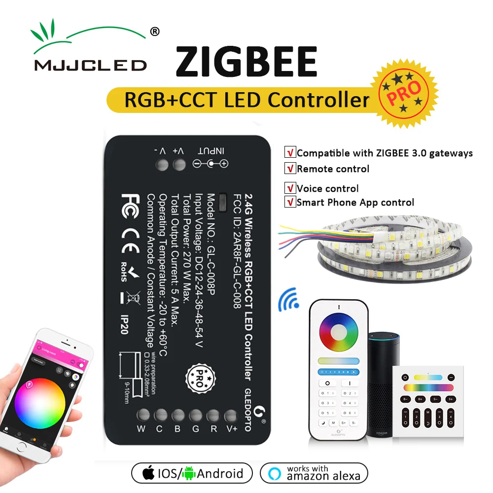 GLEDOPTO Zigbee Pro LED Controller RGBWW RGBCCT Strip Light 12V 24V Work with Alexa Echo Smartphone App Voice Remote Control