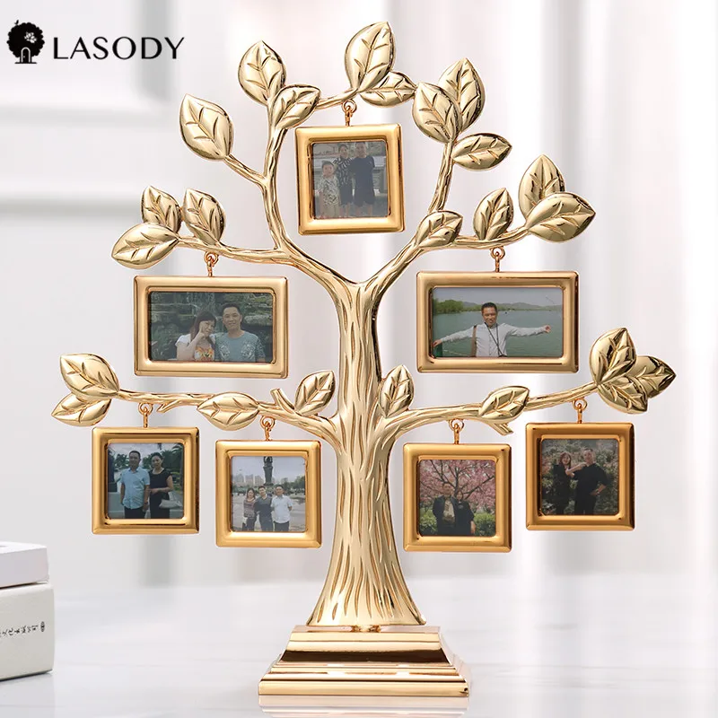 Family Tree Photo Frame with 7 Hanging Photo Frames Gold Metal Desktop Picture Frame Decoration