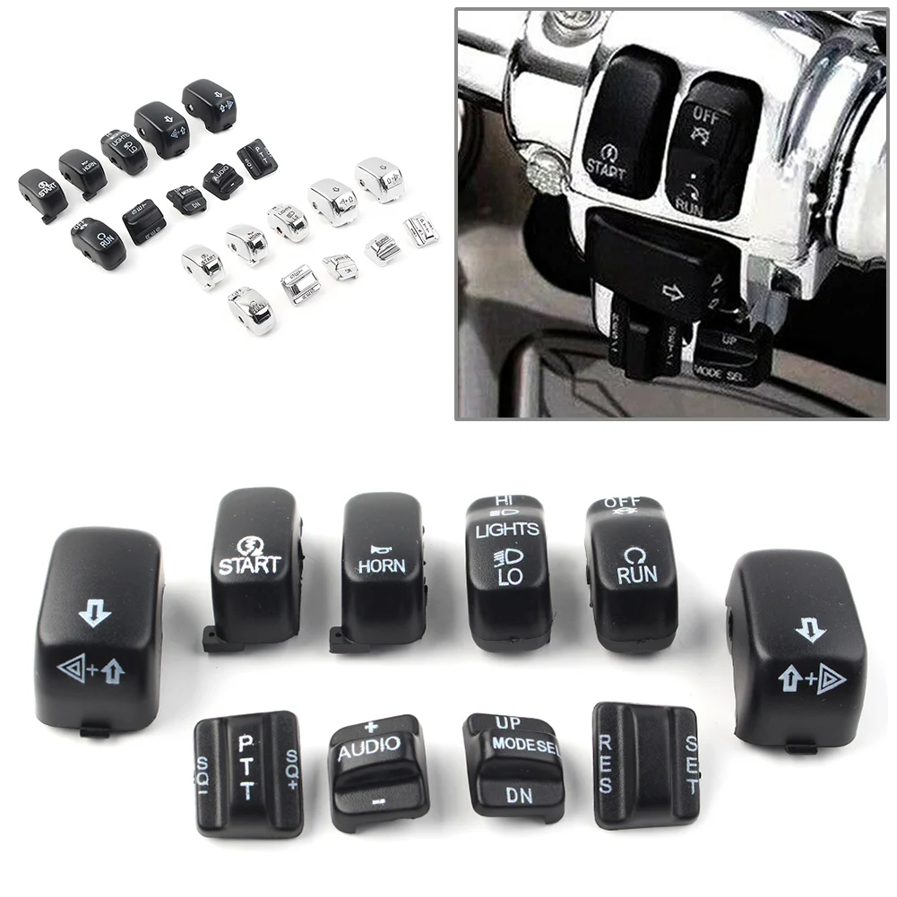 10pcs/Set Motorcycle Hand Control Switch Cover Button Cap Set For Harley Touring Dyna Heritage Softail 1996-2012 Black/Chrome