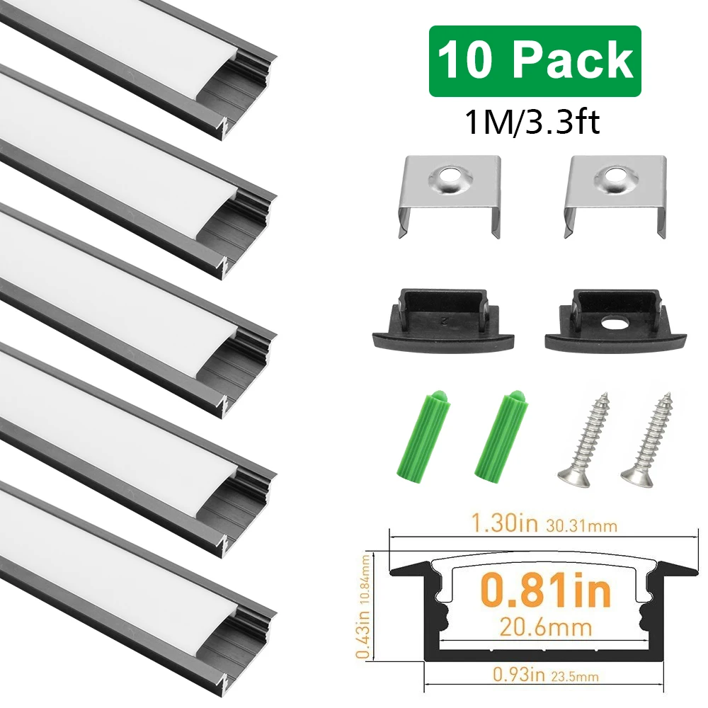 10Sets 1m U03 Silver Black Aluminum Profile U-Shape Extrusion with Milky White Cover for 20mm Wide LED Strip Light Installation