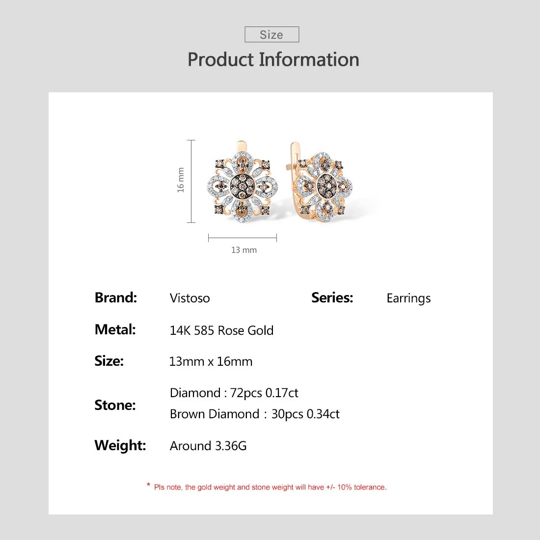 VISTOSO Pure14K 585 Rose Gold Earrings For Women Sparkling Diamond Brown Diamond Flower Earrings Delicate Trendy Fine Jewelry