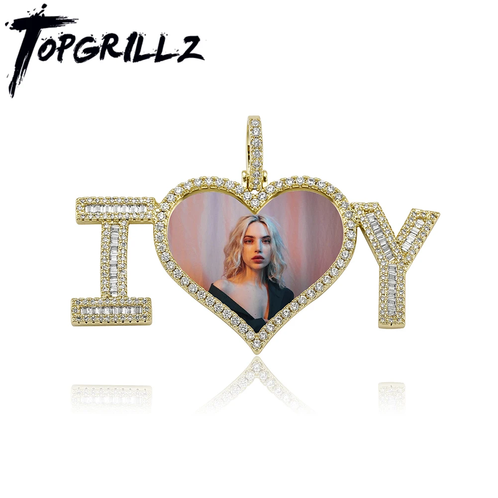 

TOPGRILLZ 2021 New Heart Pendant Custom Photo With Baguette Zirconia Letter With Tennis Chain Hip Hop Fashion Jewelry For Gift