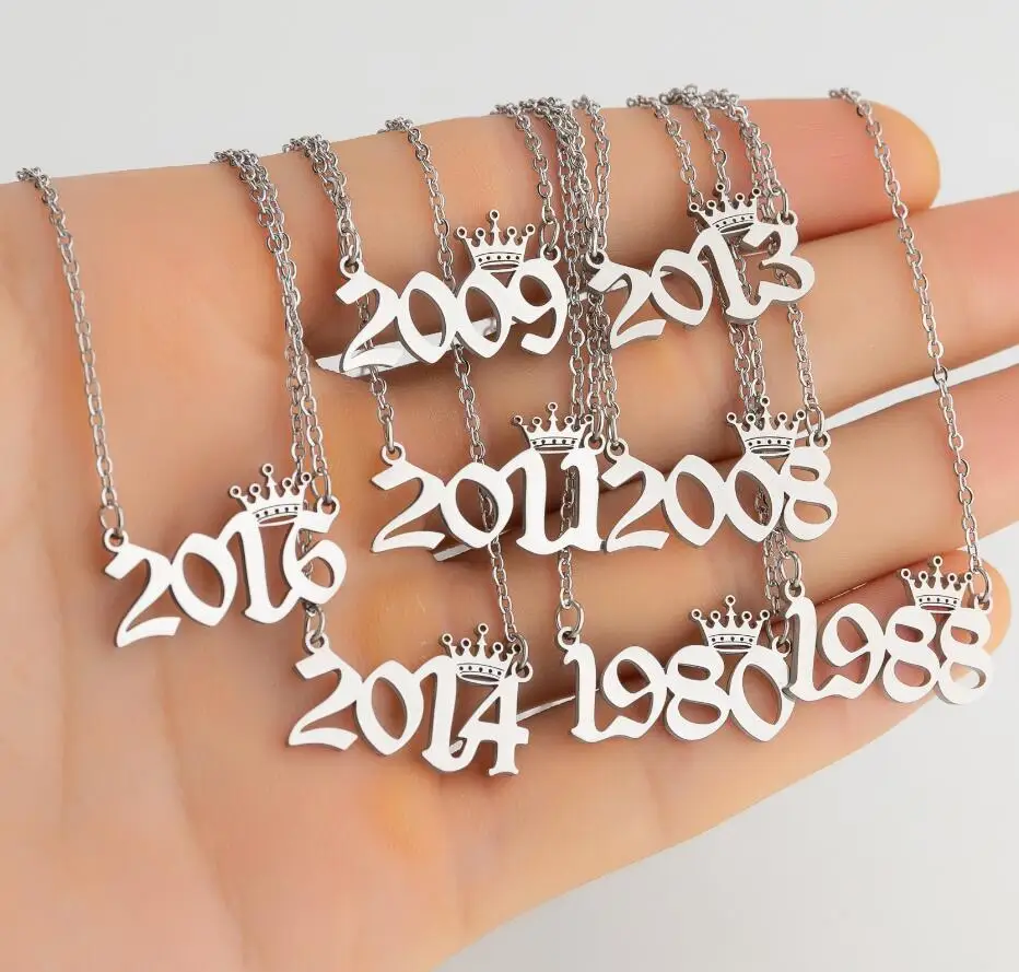 Stainless Steel Year Number Necklaces for Women Unique Date Birthday Tiaras Crown Year 1984 1999 1996 1997 2002 Choker Gift Girl