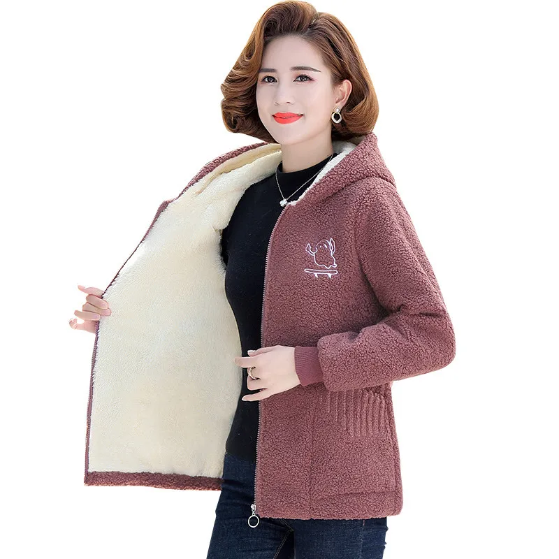 

New winter Women Jacket Lambswool Plus Velvet Cotton Coat Female Overcoat Hooded Warm Lady Outerwear Mother Clothes Large Size