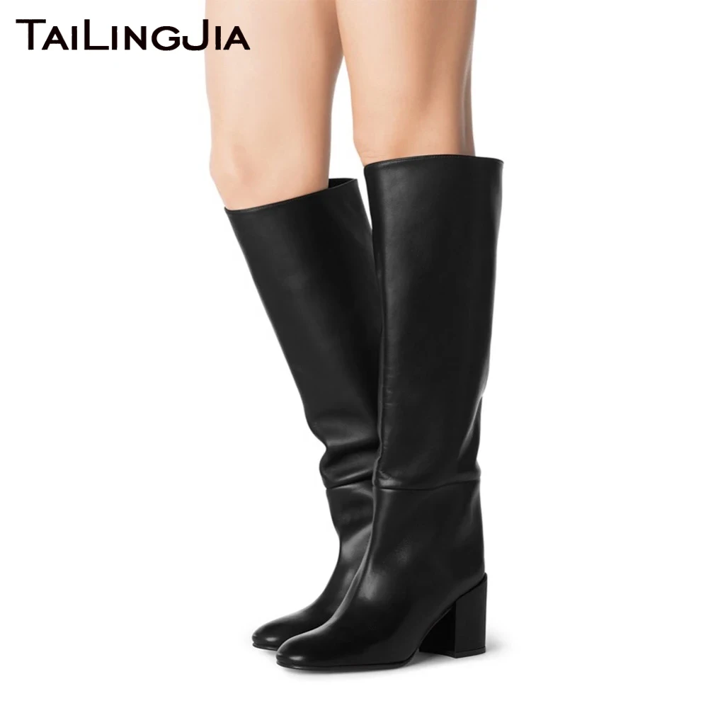 Round Toe Block Heel Knee High Boots for Women Black Mid Heel Slip on Tall Boots Ladies Chunky Winter Shoes  2024 Botas Pretas