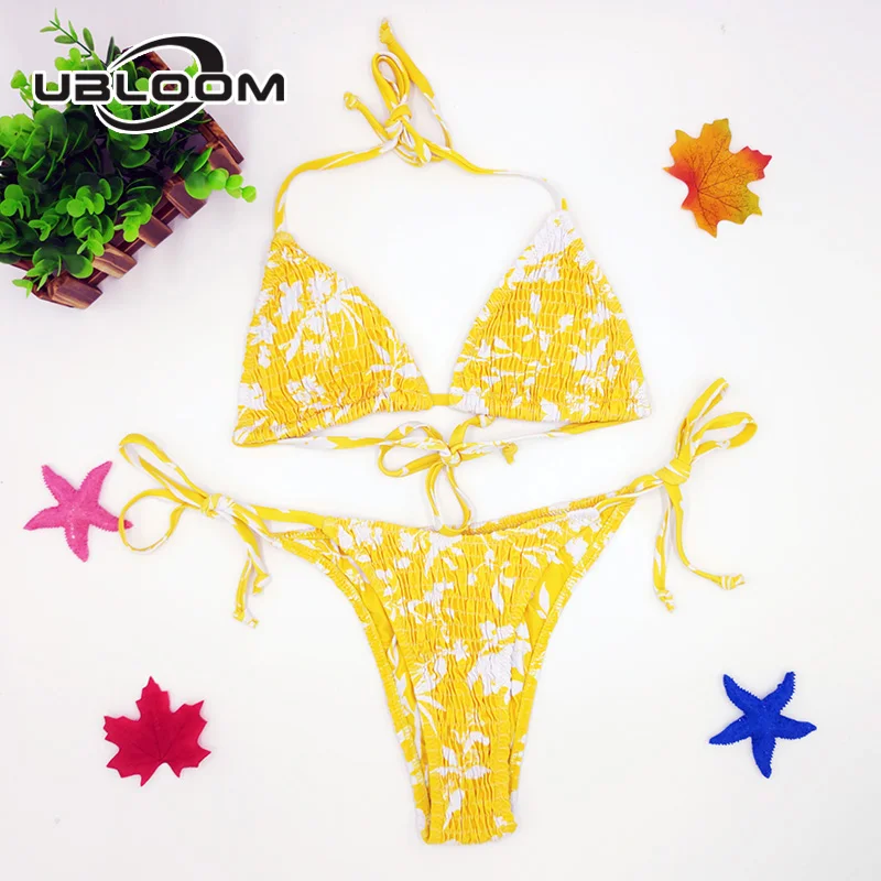 Sexy Triangle Push Up Bikini Set Tied String Bikinis Women Ruched High Cut Bathing Suit Swimwear Printed Swimsuit Beach Bathers