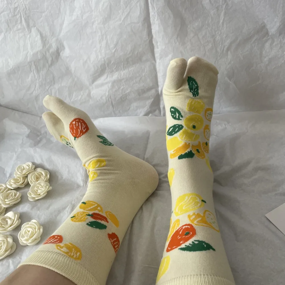 New Summer Colorful Cartoon Fruits Tabi Socks Japanese Harajuku Women Combed Cotton Two Finger Toe Breathable Soft Girls Socks