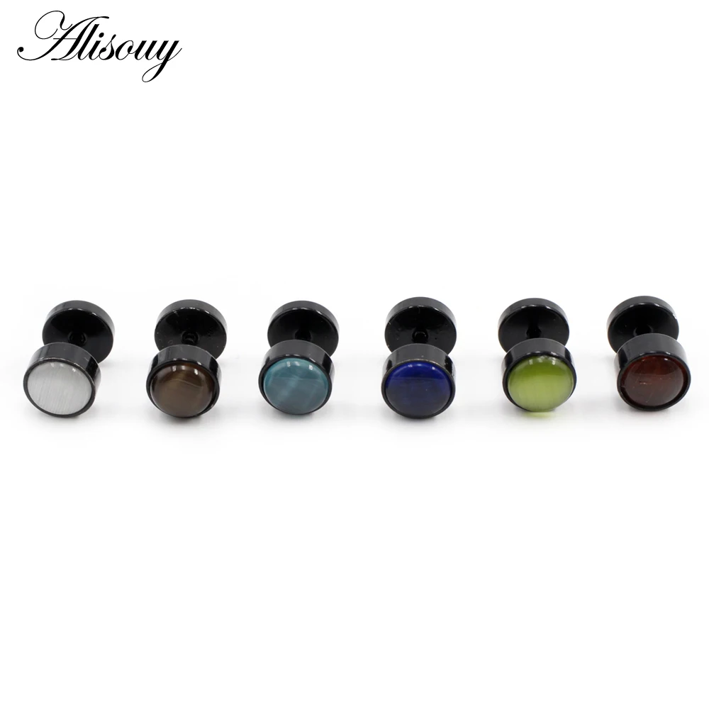 Alisouy 2pcs Punk Rock Black Stainless Steel Round Stones Women Men Unisex Barbell Ear Stud Dumbbell Earrings Pierceing Jewelry