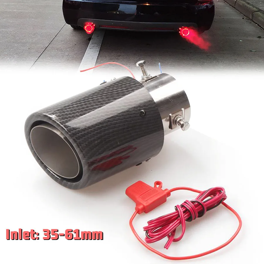 

35-61MM IN-92MM OUT Car Exhaust Muffler Pipe Tip Carbon Fiber Look Stainless steel w/ RED LED Light