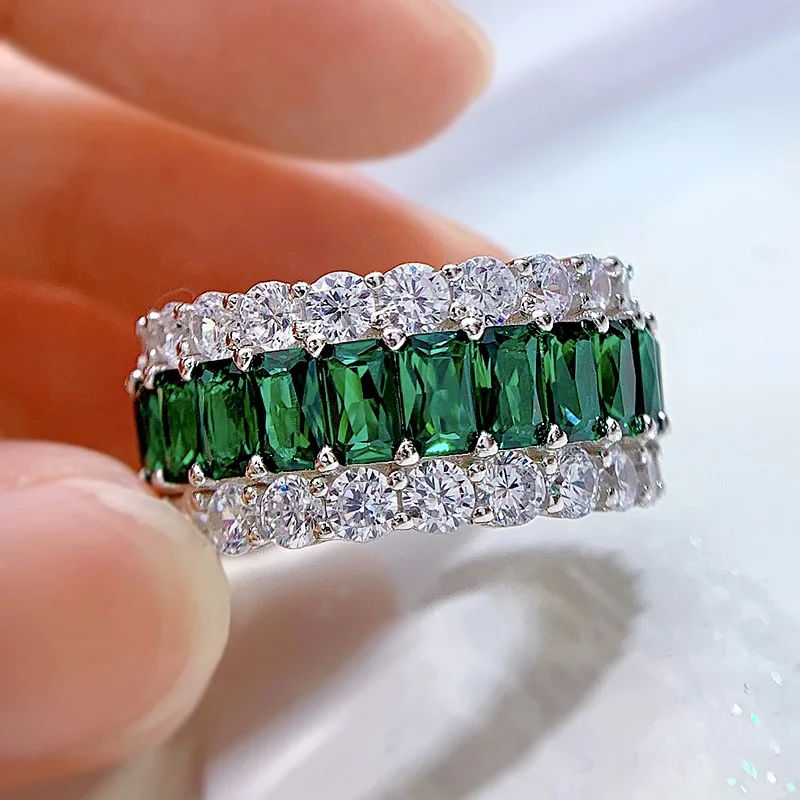 Eternity Volledige Emerald Diamond Ring 100% Echt 925 Sterling Zilveren Party Wedding Band Ringen Voor Vrouwen Mannen Engagement Sieraden