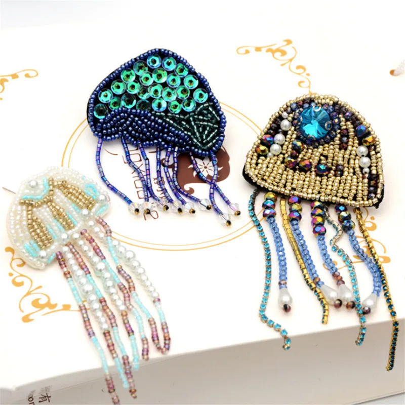 MAXSIN FUN 1 Pc High Quality Handmade Beaded Rhinestone Sticker Pearl Tassel Jellyfish Patch Garment  Applique DIY Accessory