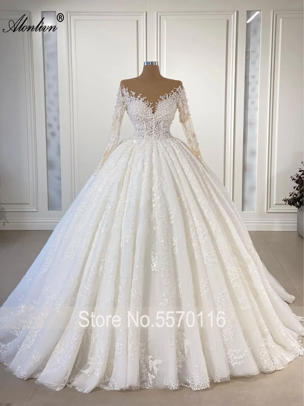 Alonlivn elegante laço de seda de decote em v manga cheia uma linha vestido de casamento miçangas pérolas pele marrom vestidos de noiva