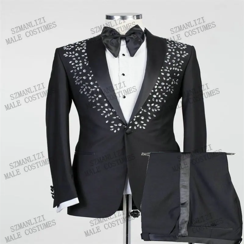 Luxury 2-Piece Men Suits Crystal Bead Wedding Tuxedos Party Slim Fit Formal Business For Best Man Suits Shawl Lapel Blazer Suit