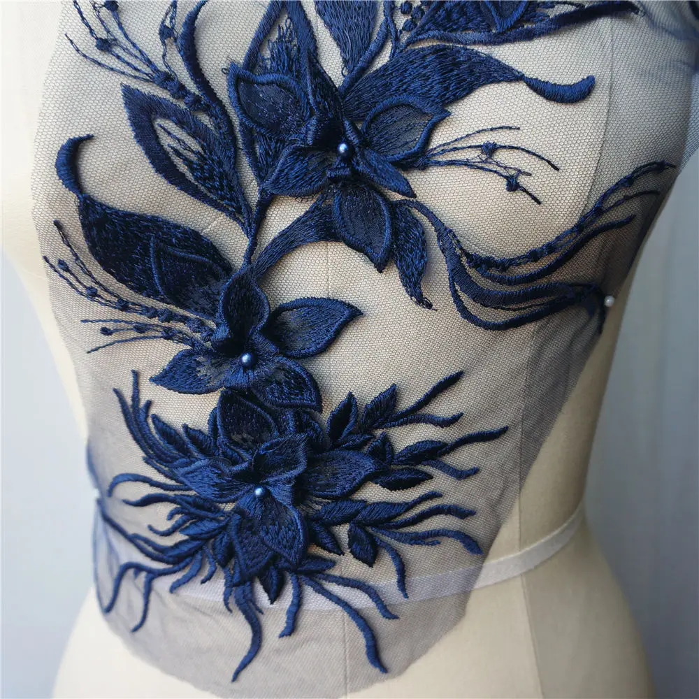 Navy Blue Embroidery 3D Flower Tassel Lace Fabric Applique Collar Wedding Gown Bridal Dress DIY