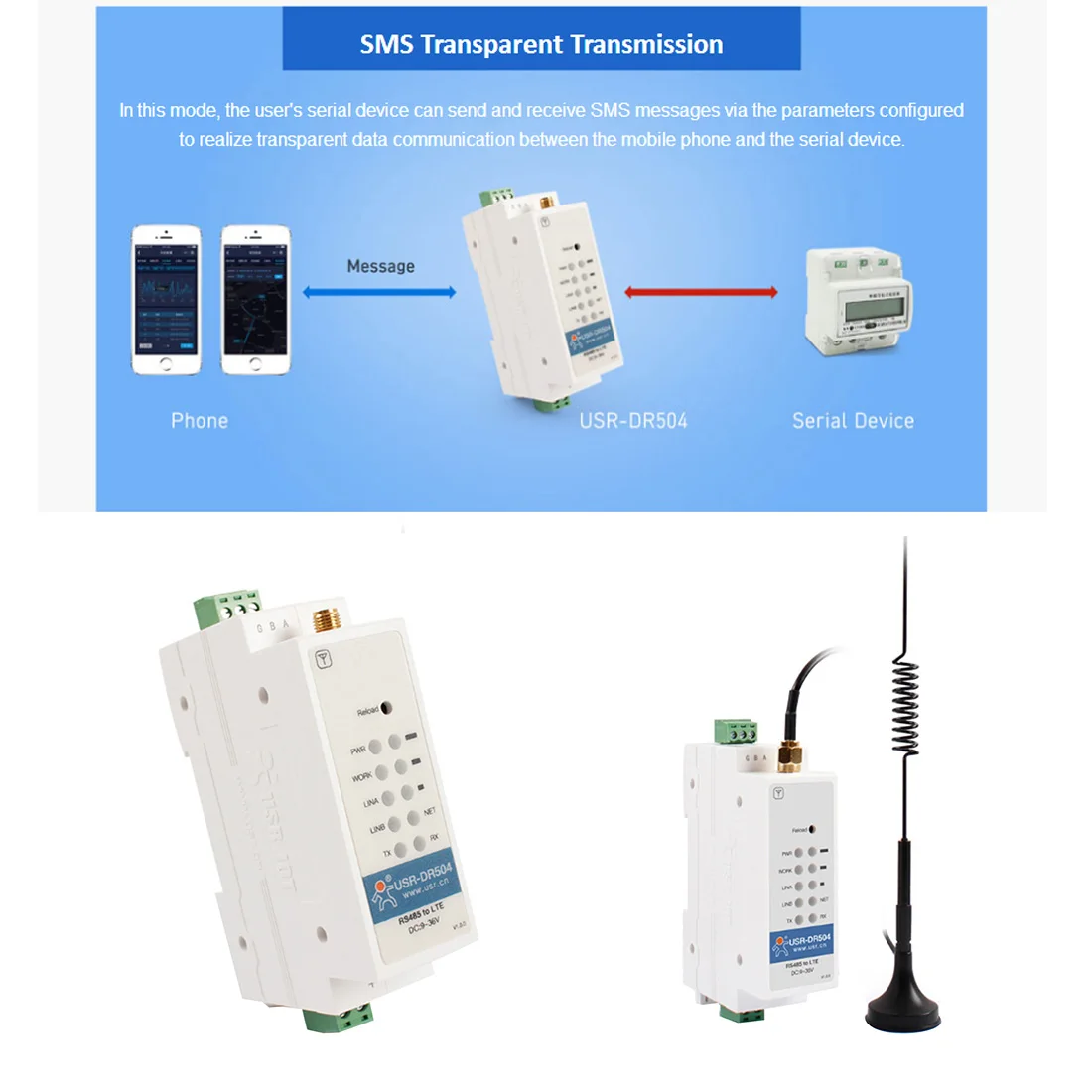 USR-DR504-G DC9-36V Din Rail Mounted Global Bands Modbus RTU to TCP RS485 to 4G LTE Industrial Cellular Modem with Sim Card Slot