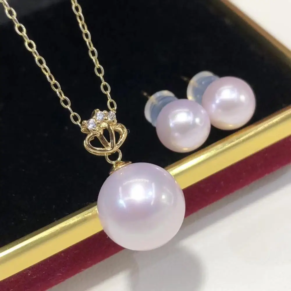 D527 Pearl Set Fine Jewelry Solid 18K Gold Rond 8-12mm Nature Fresh Water Sakura Pink Pearls Jewelry Sets for Women Presents