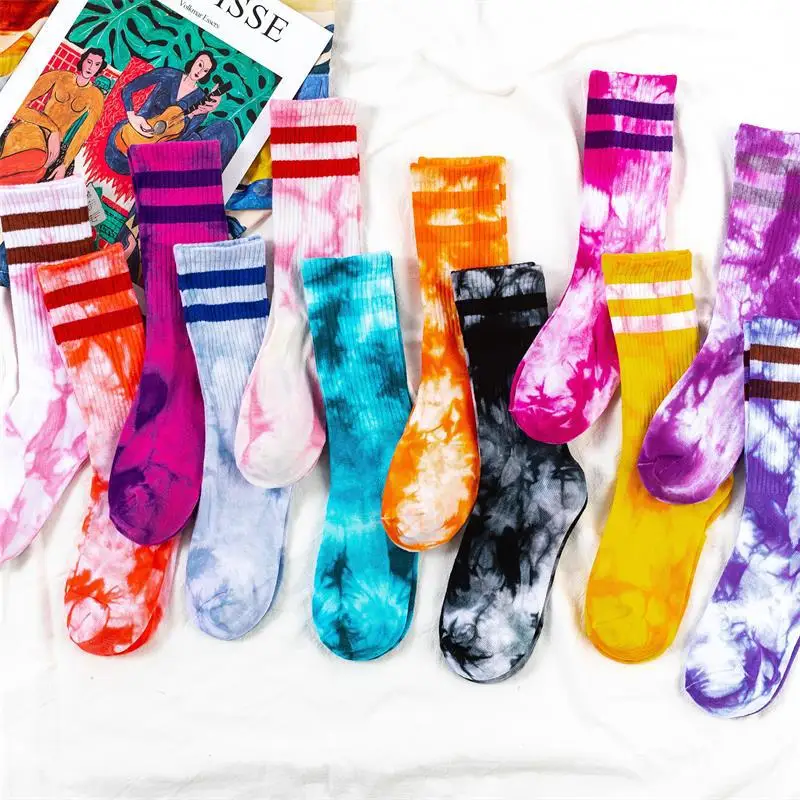 Unisex Tie-Dye Socks Street Trend High-Top Tide Sock Men Women Solid Color Cotton Striped Basketball Socks Skateboard Socks