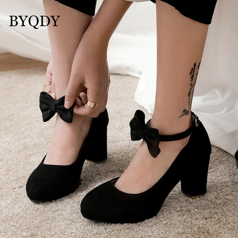 BYQDY Spring Suede Woman Mary Jane Pumps Sweet Bow Knot Pumps Square High Heels Buckle Casual Shoes Plus Size 50 Wedding Shoes