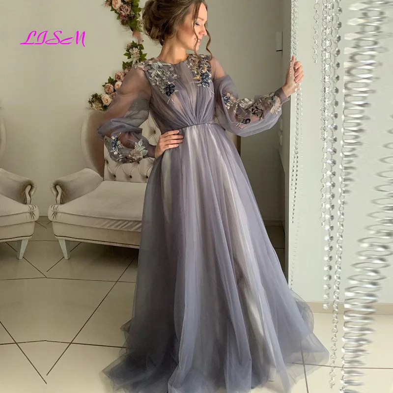 

Gray Arabic Dubai Evening Dresses O-Neck Long Sleeves Prom Gowns Flowers Tulle A-Line Party Dress Elegant Mother of Bride Dress