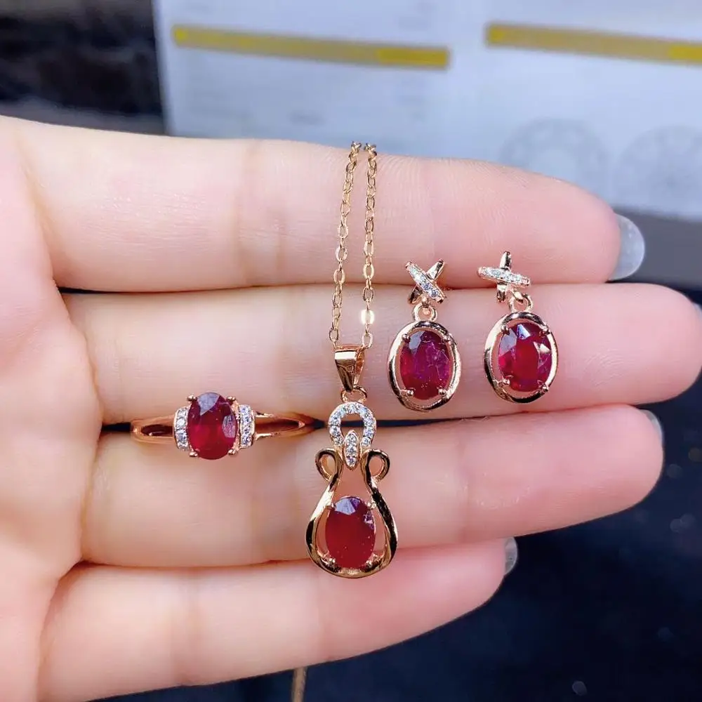 KJJEAXCMY Jewelry 925 Sterling Silver Inlaid Natural Ruby Jewelry Women's Luxury Earrings Ring Pendant 3 Piece Set New Support T