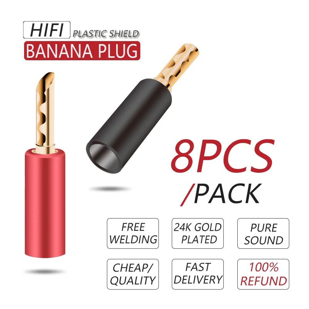 8pcs Red and Black 4mm Solderless Side Stackable Banana Plug 24k gold plated BFA hifi Speaker cable Connector