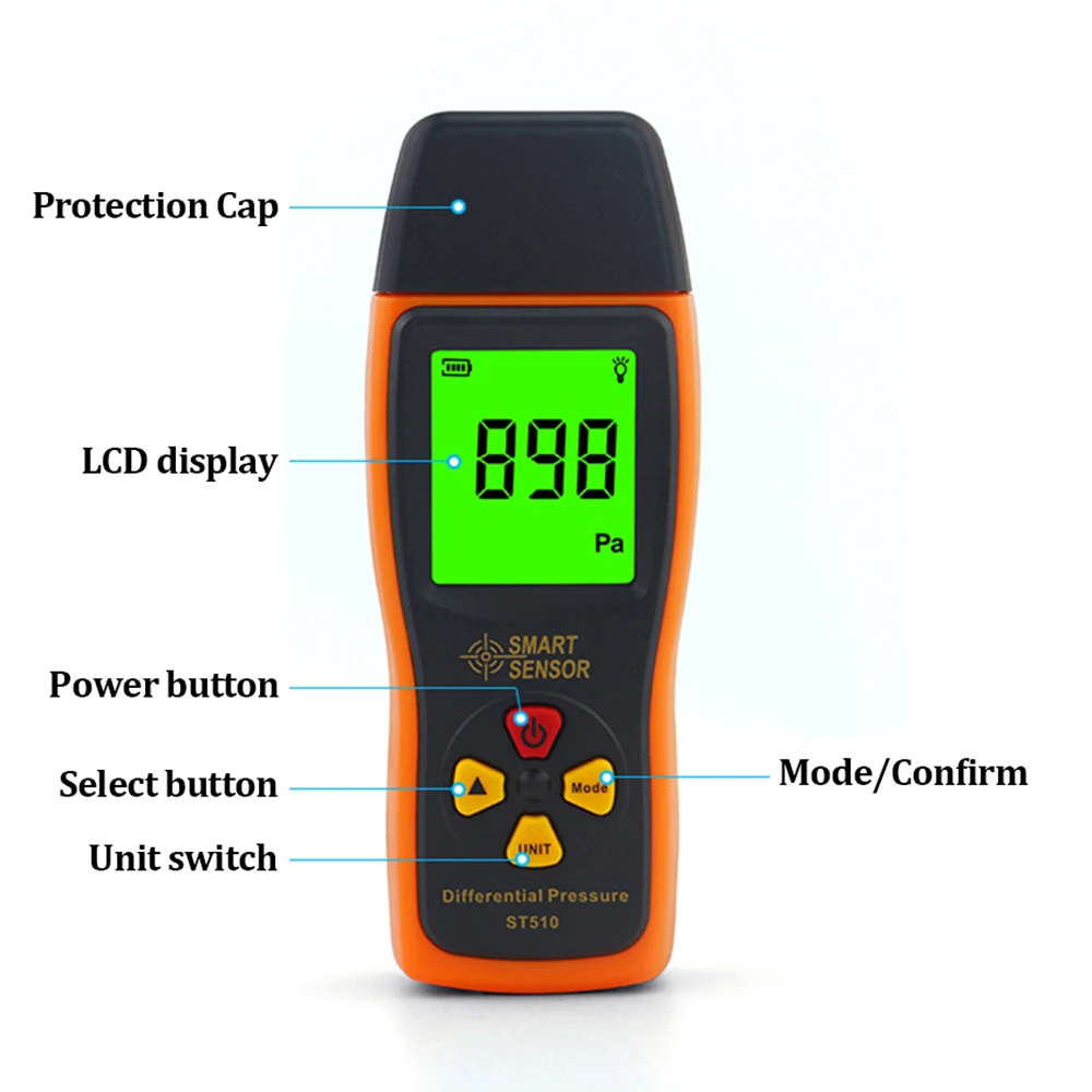 High Precision Digital Dual-port Manometer Meter Differential Air Pressure Gauges Tester 0-100 hPa/0-45.15 in H2O