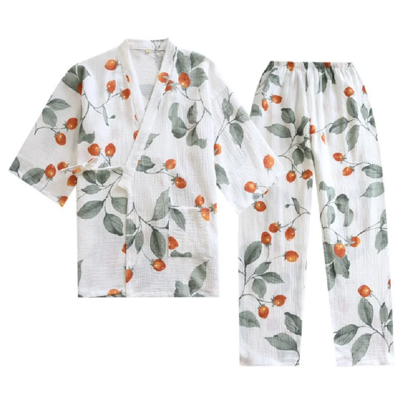 Conjunto de pijamas de algodão de gaze solta para senhoras, estilo japonês Kinomo, estampa de tomate cereja, conforto, novo, primavera, 2 peças, 2022