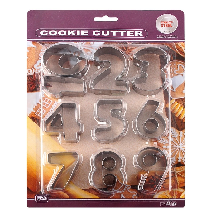 10PCS Biscuit Moulds Stainless Steel Numbers Cookie Cutters Set Chocolate Moulds Biscuit Press Stamp DIY Baking Mould